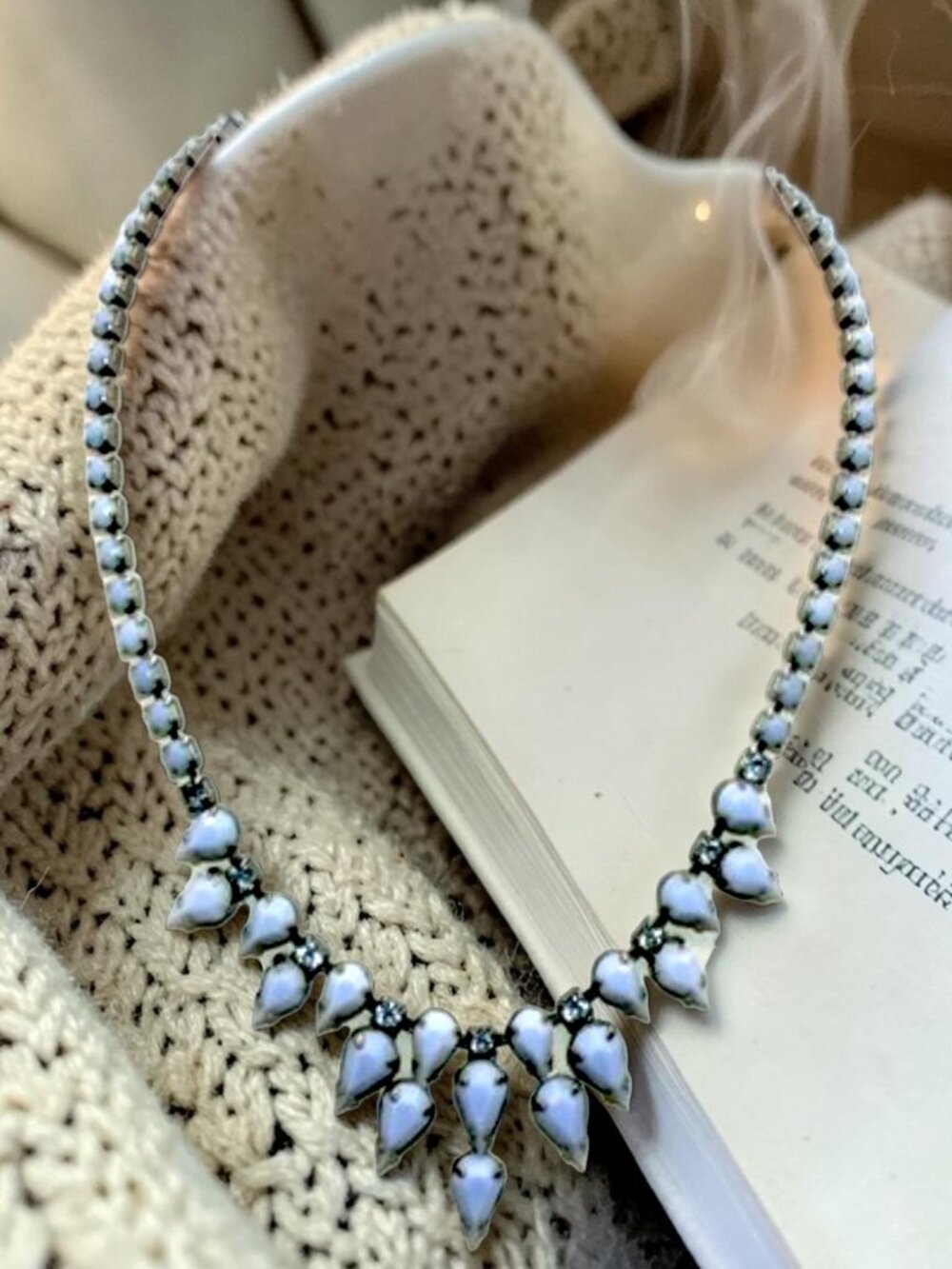 Vintage Weiss Blue Rhinestone Bib Necklace Signed Statement Collar Rare